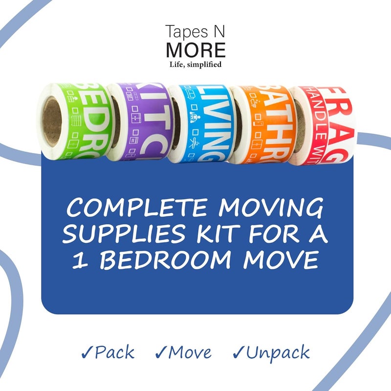 Tapes n More 250 Home Moving Labels for 1 Bedroom — 5 Color-Coded Room Labels (50 Each) + Fragile Stickers for Moving Boxes, Supplies, Wardrobe Boxes, Apartment Moves - Image 2